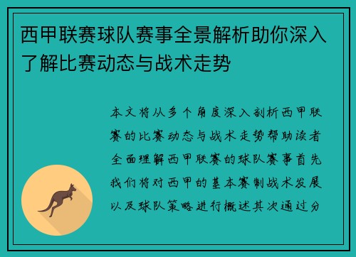 西甲联赛球队赛事全景解析助你深入了解比赛动态与战术走势