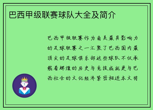 巴西甲级联赛球队大全及简介