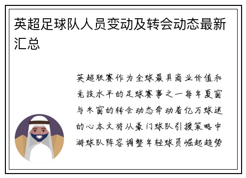 英超足球队人员变动及转会动态最新汇总