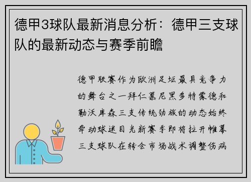 德甲3球队最新消息分析：德甲三支球队的最新动态与赛季前瞻