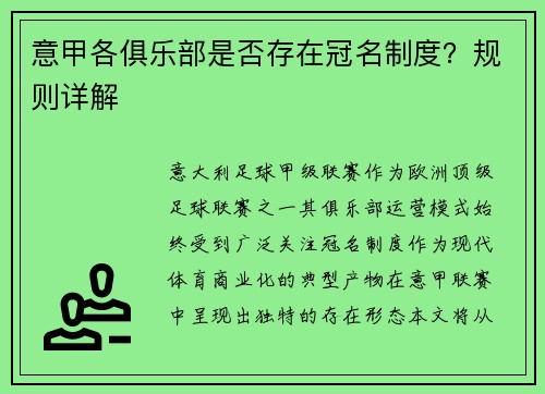 意甲各俱乐部是否存在冠名制度？规则详解