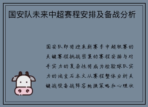 国安队未来中超赛程安排及备战分析