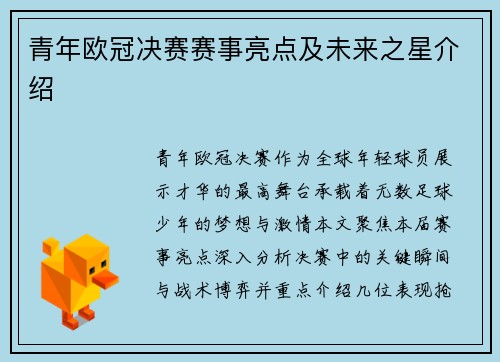 青年欧冠决赛赛事亮点及未来之星介绍